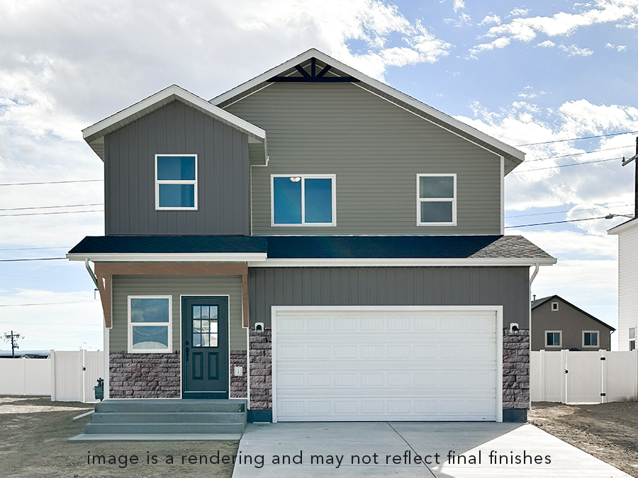 Exterior Line Drawing of charming 2-story home with 2-car garage, front porch